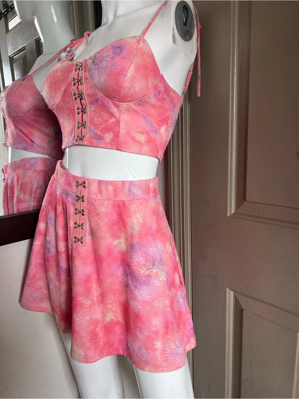 Pink Tie-Dye A-Line Mini Skirt and crop top